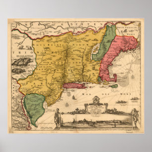 Vintage Karta i New England (1685) Poster
