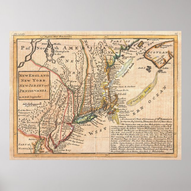 Vintage Karta i New England (1729) Poster (Framsidan)