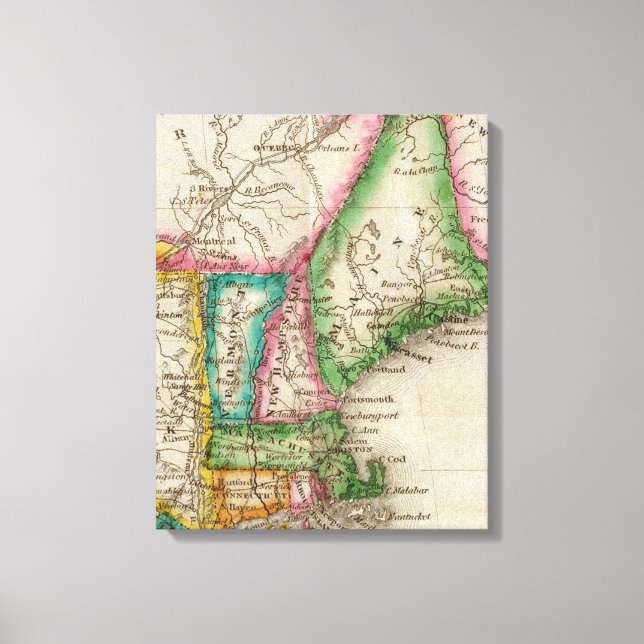 Vintage Karta i New England (1822) Canvastryck (Framsida)