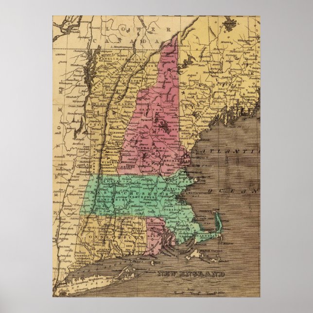Vintage Karta i New England (1836) Poster (Framsidan)