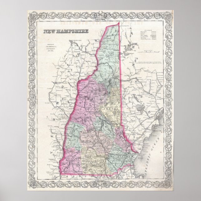 Vintage Karta i New Hampshire (1855) Poster (Framsidan)