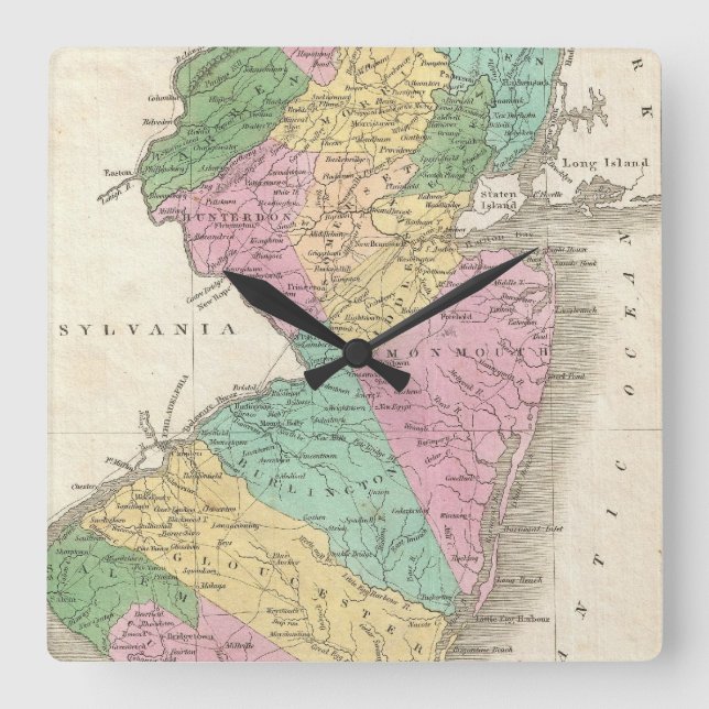 Vintage Karta i New jersey (1827) Fyrkantig Klocka (Framsida)