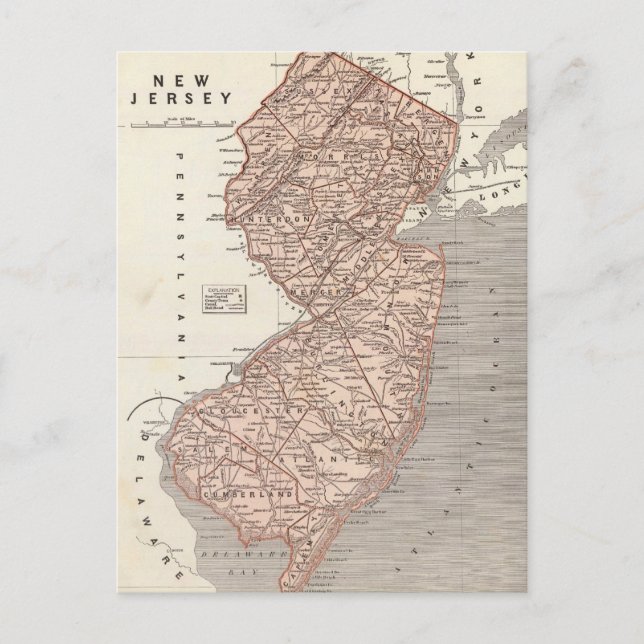 Vintage Karta i New jersey (1845) Vykort (Framsida)