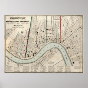 Vintage Karta i New Orleans Louisiana (1845) Poster