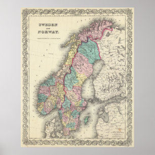 Vintage Karta i Norge och Sverige (1856) Poster
