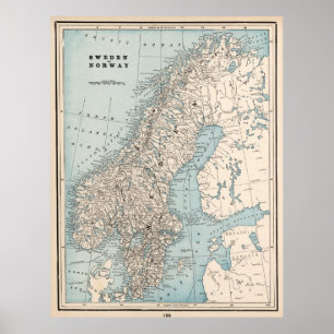 Vintage Karta i Norge och Sverige (1893) Poster