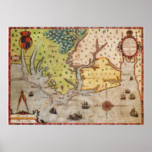 Vintage Karta i North Carolina Kusten (1591) Poster