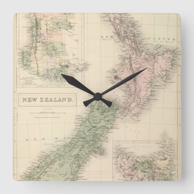 Vintage Karta i Nya Zeeland (1854) Fyrkantig Klocka (Framsida)