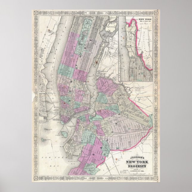 Vintage Karta i NYC och Brooklyn (1866) Poster (Framsidan)