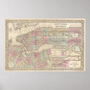 Vintage Karta i NYC och Brooklyn (1882) Poster