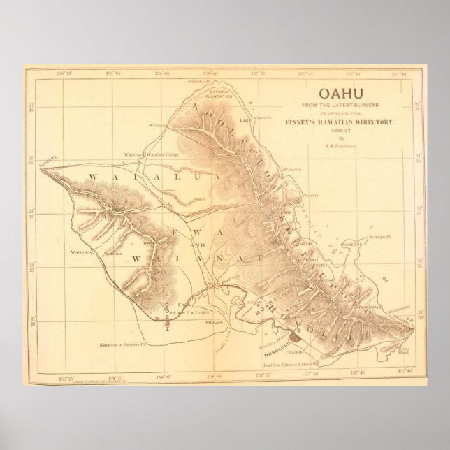 Vintage Karta i Oahu Hawaii (1901) Poster (Framsidan)