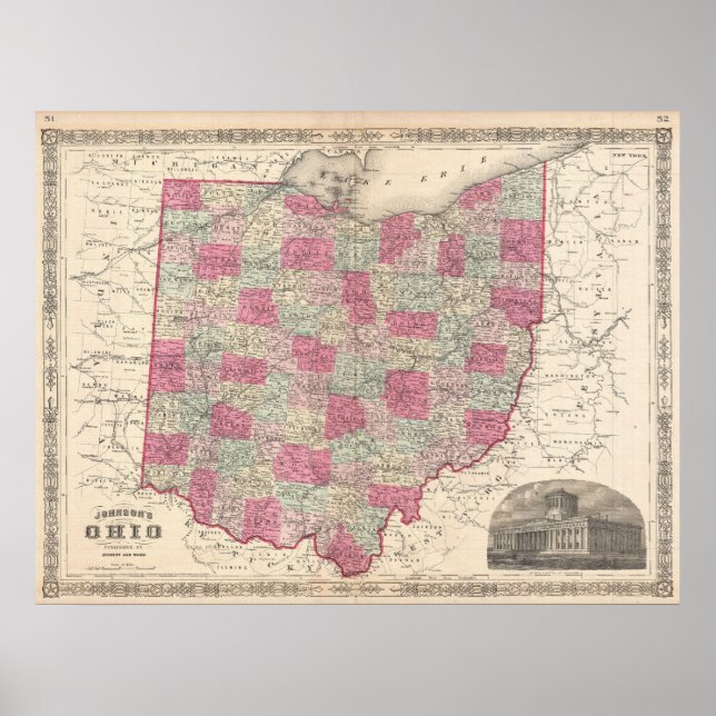 Vintage Karta i Ohio (1864) Poster (Framsidan)