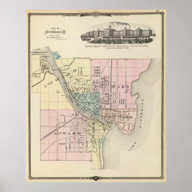 Vintage Karta i Oshkosh WI (1878) Poster (Framsidan)