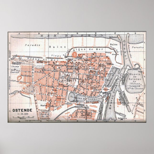 Vintage Karta i Ostend Belgium (1905) Poster (Framsidan)