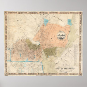 Vintage Karta i Providence Rhode island (1851) Poster