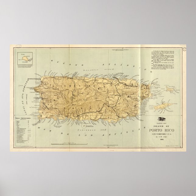 Vintage Karta i Puerto Rico (1898) Poster (Framsidan)