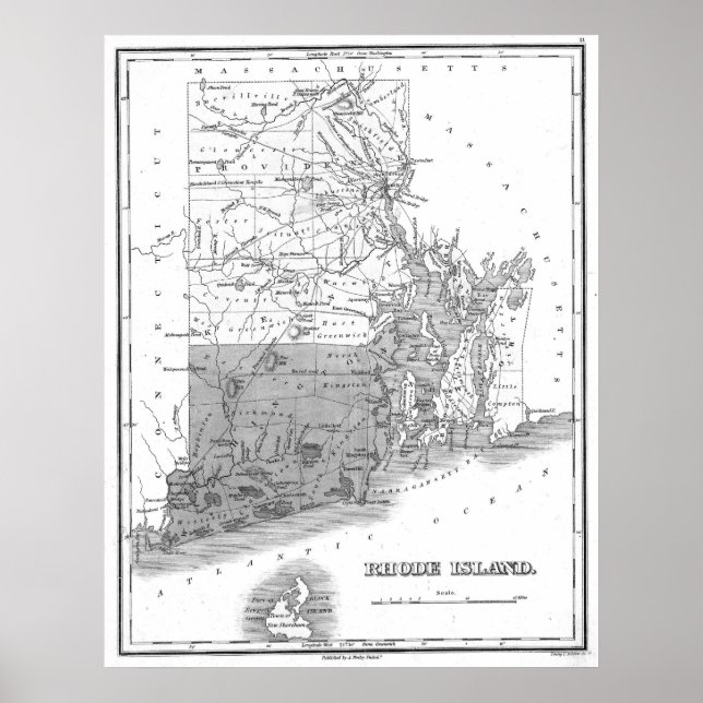 Vintage Karta i Rhode island (1827) BW Poster (Framsidan)