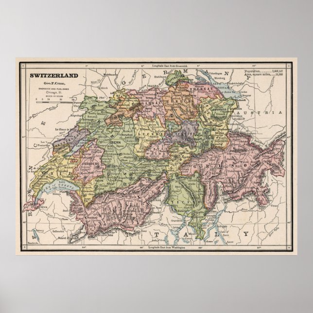 Vintage Karta i Schweiz (1882) Poster (Framsidan)