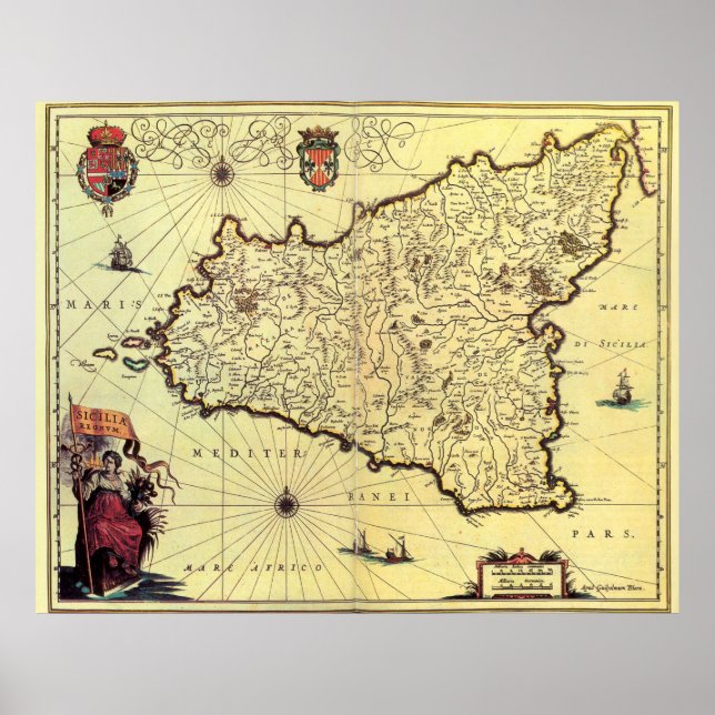 Vintage Karta i Siciliens Italien (1600-tal) Poster (Framsidan)