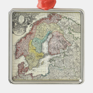 Vintage Karta i Skandinavien (1730) Julgransprydnad Metall