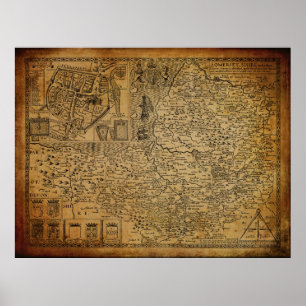 Vintage Karta i Somerset Wessex England UK 1610 Poster