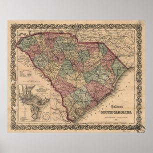 Vintage Karta i South Carolina (1865) Poster