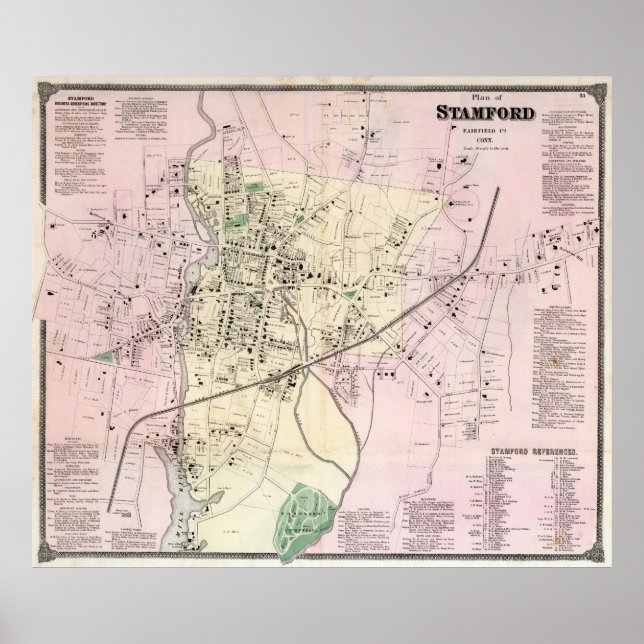 Vintage Karta i Stamford CT (1867) Poster (Framsidan)