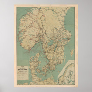 Vintage Karta i Sverige, Norge och Danmark (1897) Poster