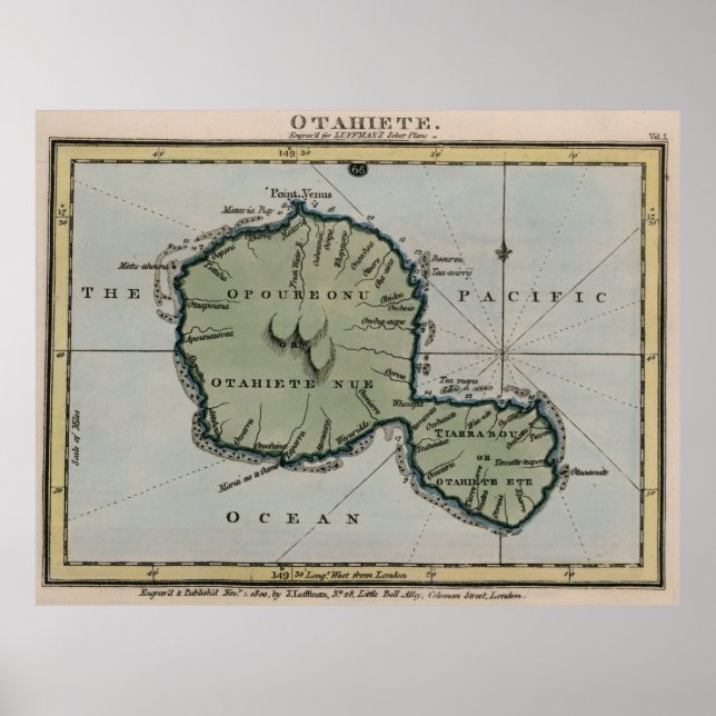 Vintage Karta i Tahiti (1800) Poster (Framsidan)