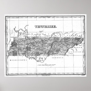 Vintage Karta i Tennessee (1827) BW Poster