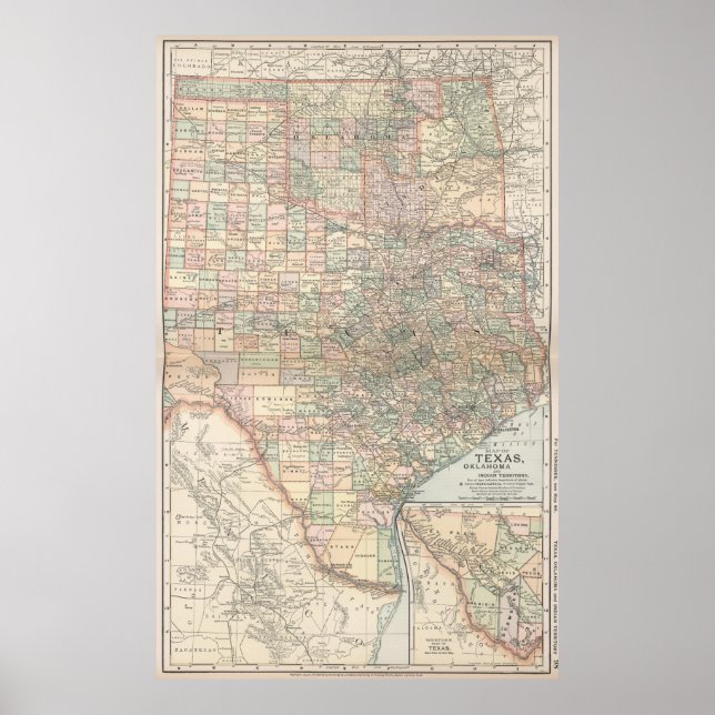 Vintage Karta i Texas och Oklahoma (1891) Poster (Framsidan)