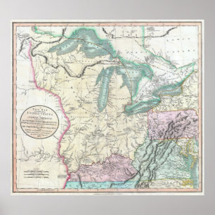Vintage Karta i Underbara Sjöar & Midwest (1801) Poster