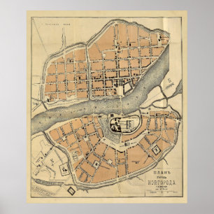 Vintage Karta i Veliky Novgorod Ryssland (1910) Poster