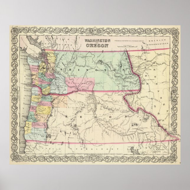 Vintage Karta i Washington och Oregon (1856) Poster (Framsidan)