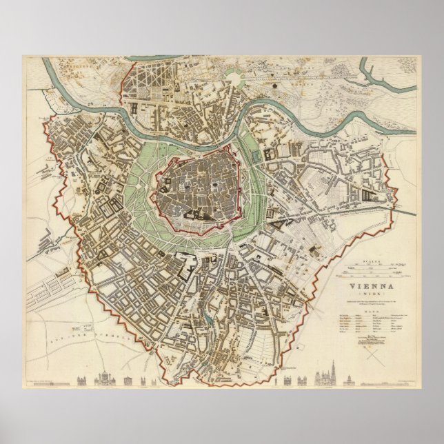 Vintage Karta i Wien Österrike (1833) Poster (Framsidan)