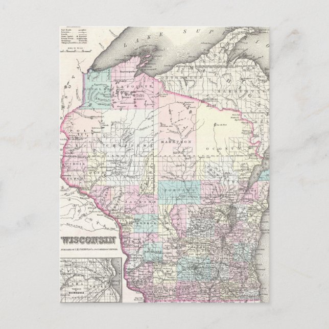Vintage Karta i Wisconsin (1855) Vykort (Framsida)