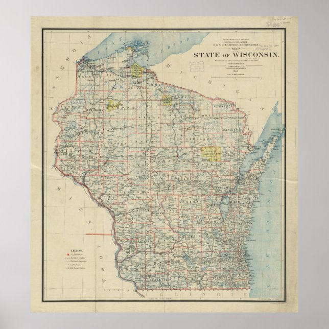 Vintage Karta i Wisconsin (1895) Poster (Framsidan)