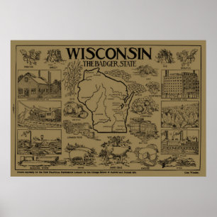 Vintage Karta i Wisconsin (1912) - Tan Poster