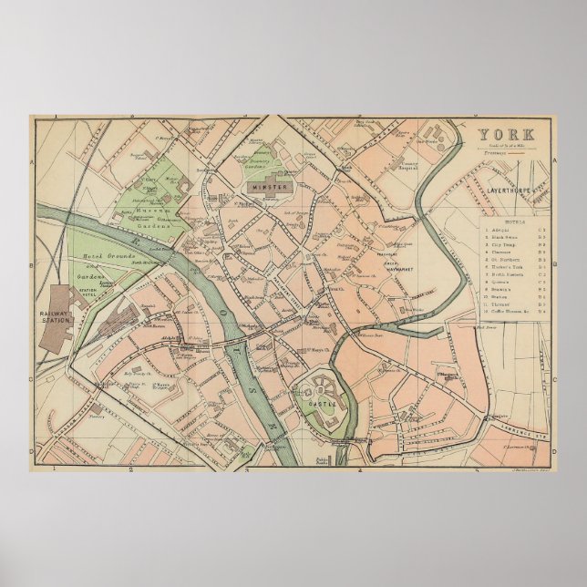 Vintage Karta i York England (1890) Poster (Framsidan)