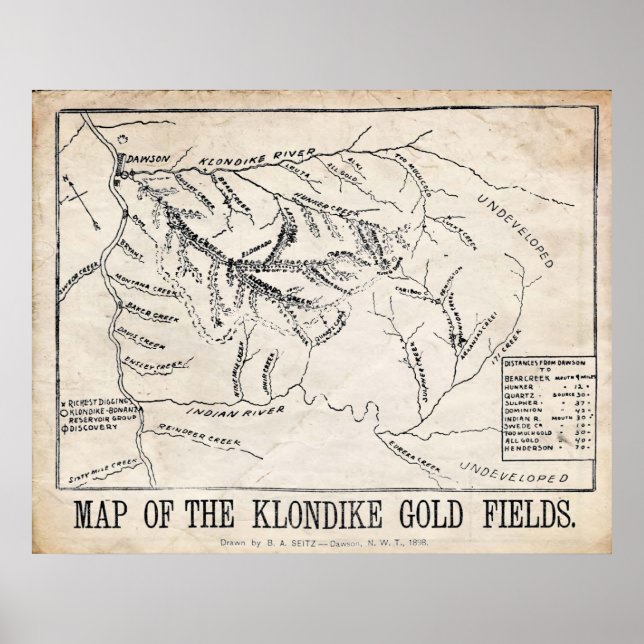 Vintage Karta-Klondike-Dawson Guld Fält 1898 Poster (Framsidan)