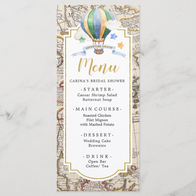 Vintage Karta Luftballong Äventyr Baby Shower Meny (Framsida)