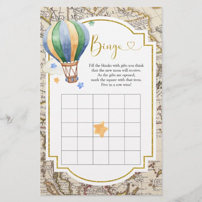 Vintage Karta Luftballong Baby Shower Bingo (Framsida)