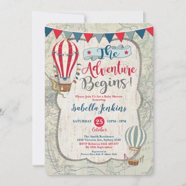 Vintage Karta Luftballong Boy Baby Shower Inbjudningar (Framsida)