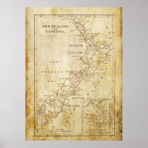 Vintage karta of New Zealand c1879 Archival print Poster