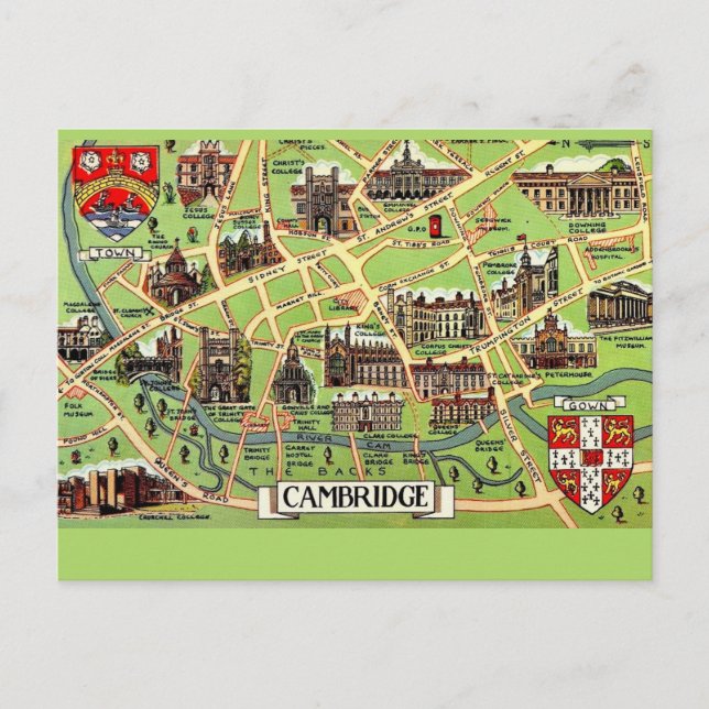 Vintage karta över Cambridge vykort (Framsida)