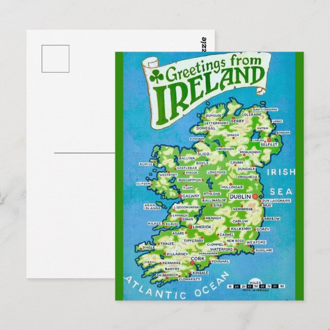 Vintage karta över Irland vykort (Fram/baksida)