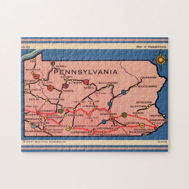 Vintage karta över Pennsylvania 11x14 Pussel (Horisontell)