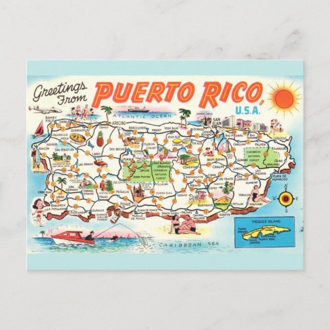 Vintage karta över Puerto Rico Vykort (Framsida)