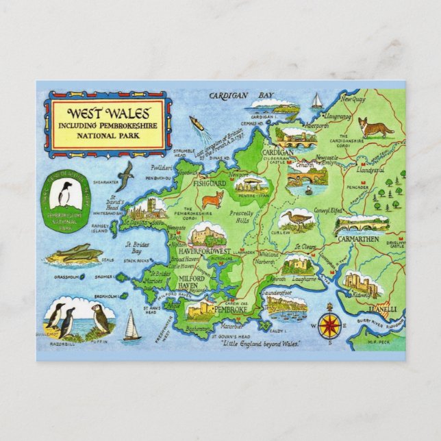 Vintage karta vykort West Wales (Framsida)