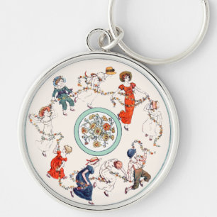 Vintage Kate Greenaway Bokillustration Rund Silverfärgad Nyckelring